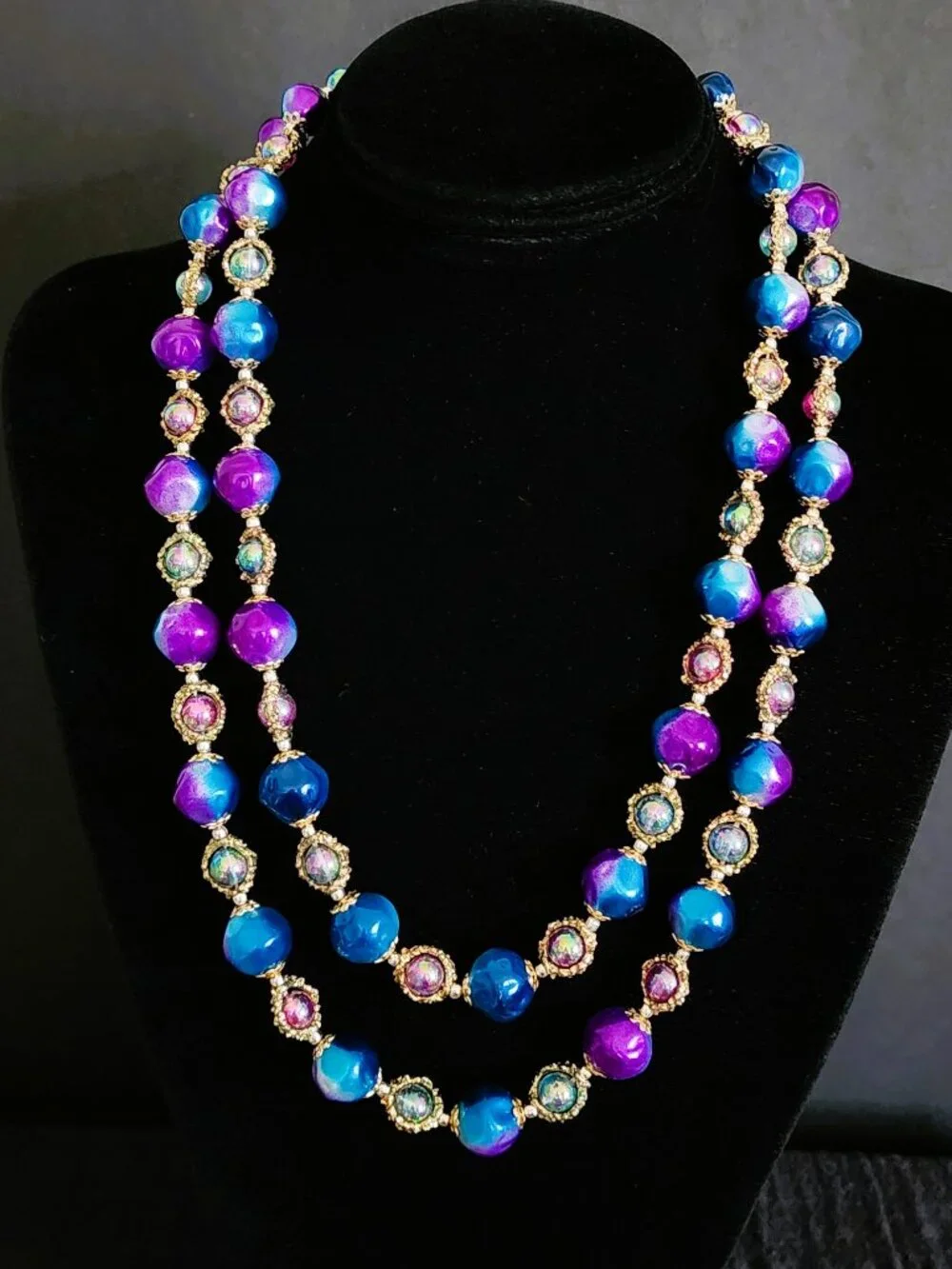 Vintage 1950s Japan Double Strand Blue Purple Moonglow Lucite AB Necklace - Picture 2 of 9